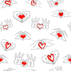 Seamless pattern two hands make a heart sign. Vector illustration. Love, romantic relationship concept, valentine s day. Background design, fabrics, etc.