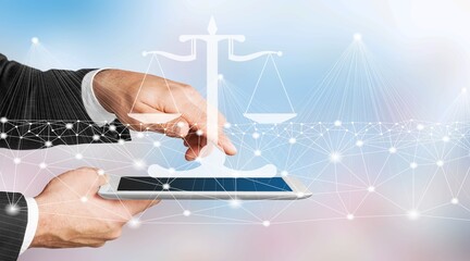 Justice and law concept. Legal advice. Hand hold tablet with digital hologram