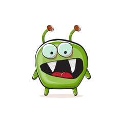 Vector cartoon funny green alien monster isolated on white background. Smiling silly green monster print sticker design template. Cute Ghost, troll, gremlin, goblin, devil and monster