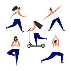 Set of women doing sports. Running, yoga, scooter, fitness. Vector illustration.