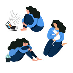 Set of illustrations of woman at home. Watching film, sitting hugging her knees and stroking the cat. Vector.