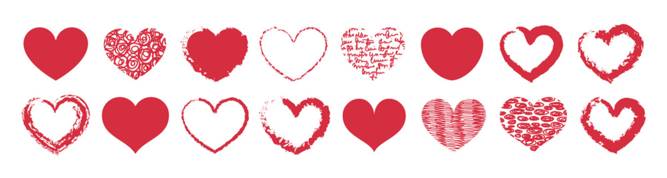 Set of different red hearts with texture. Illustration with Valentine hearts. Vector isolated on white background