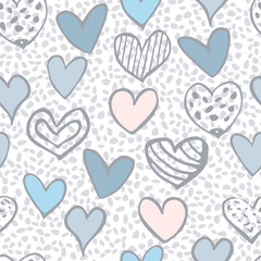 Fototapeta na wymiar Seamless pattern with hand-drawn hearts in gray-blue tones on a white background