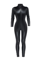 Detail shot of a black latex jumpsuit with a zipper. The sexy tight-fitting clothes are isolated on the white background. Front view.