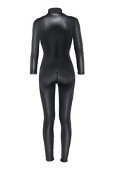 Detail shot of a black latex jumpsuit with a zipper. The sexy tight-fitting clothes are isolated on...