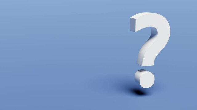 White question mark on blue background. It's rotating. Clip is easy to loop.  There is copy space in the left. 3d render.