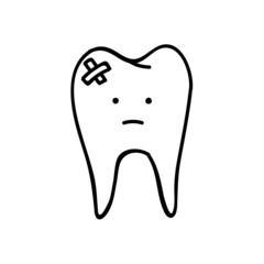 Tooth with bandage icon. Hand drawn vector illustration.