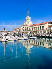 Commercial seaport of Sochi, Russia. Yachts and ships on Black Sea