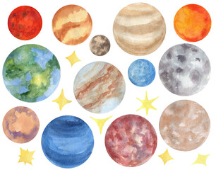 Set of watercolor planets on white background