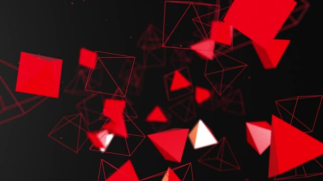 Abstract flying pyramids chaotic form of low poly in empty space.