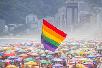 rainbow flag of the LGBT movement at Ipanema beach in Rio de Janeiro - Brazil.