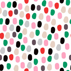 Fototapeta na wymiar Vector abstract seamless pattern design with simple hand-drawn colorful spots. Colorful seamless texture. Decorative shapes and silhouettes repeated background for fabric design.