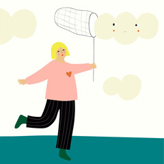 Funny and cute vector illustration in naive style. Pretty cute girl cathing clouds. Beautiful spring illustration.