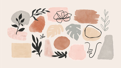 Minimalist abstract nature art shapes collection. Watercolor doodle bundle for fashion design, summer season or natural concept. Modern hand drawn plant leaf and tropical shape decoration set.