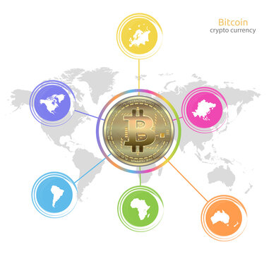Bitcoin gold coin, World map and continents, infographics isolated on white background vector