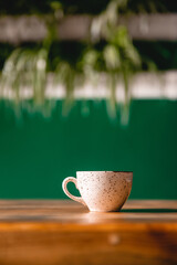 Cup, on beautiful wooden background. Great picture for baner or menu. Vertical view