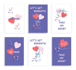 Fototapeta na wymiar Set Valentine's Day greeting cards with art line candle, gift box, abstract shapes and slogans. Vector illustrations for season invitations, cards, posters and flyers.