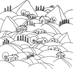 Village in the mountains. Houses on the hills. Mountain landscape. Village, river, bridge over the river, trees, bushes, hills.