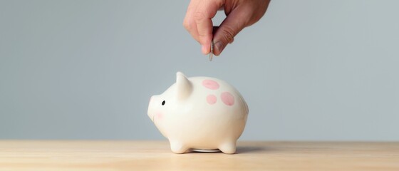 Concept of save money financial business investment. Hand of a man putting coins in piggy bank on...