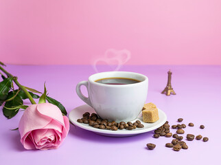 Fragrant hot black coffee in a white cup on a light lilac table. Pink rose in the background. Over a cup of steam in the form of hearts. Light pink background. Place for text