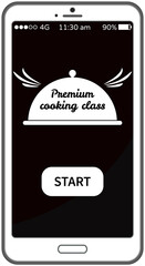 Start premium cooking class mobile application on smartphone screen. Online cooking tutorial concept. Phone with app learning platform for cooks and housewives lessons for chefs. Culinary school badge