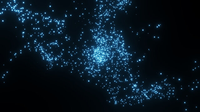 A glowing light effect with blue particles isolated on a dark background. © LUMEZIA.com