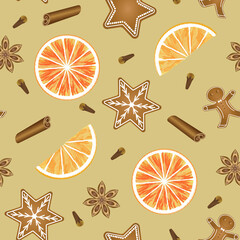 Seamless pattern with gingerbread, spices and citrus fruits. Background design for wrapping paper, textile, print. Vector illustration.