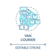 Van courier turquoise concept icon. Truck shipment. Start delivery business abstract idea thin line illustration. Isolated outline drawing. Editable stroke. Roboto-Medium, Myriad Pro-Bold fonts used