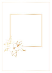 Rectangular postcard template with a square frame in the center decorated with a branch with a wild rose flower. Vector illustration with golden gradient outline.