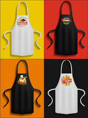 Set of aprons with pizzeria logos. Clothes for work in kitchen, protective element of clothing for cooking. Apron for cooking in kitchen and protection of clothes. Preparing pizza in restaurant