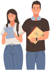Fototapeta premium Happy school pupils or college students standing with books. Portrait of smiling people with backpacks. Diverse college, university students, schoolgirl and schoolboy with notebook and laptop studying