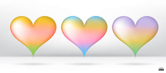 grandient colorful hearts 3D vector collection isolated on white background.Symbol of Love and Valentine's Day.Heart  shape icon illustration vector for design card.Pink,blue and red hearts.