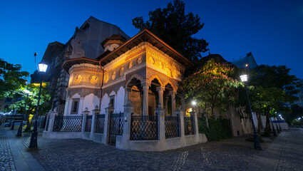 Landmarks of Bucharest. Stavropoleos Monastery in the Old Town photographed before sunrise. Photo...