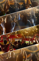 Set of back view of football, soccer fans from different countries cheering their team with multicolored state flags and scarfs at crowded stadium.