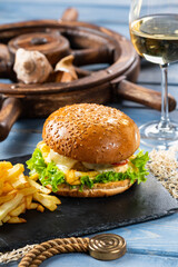 Fish burger with egg and bacon