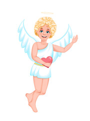 Cheerful and cute cupid with wings in white clothes holding a heart in his hand