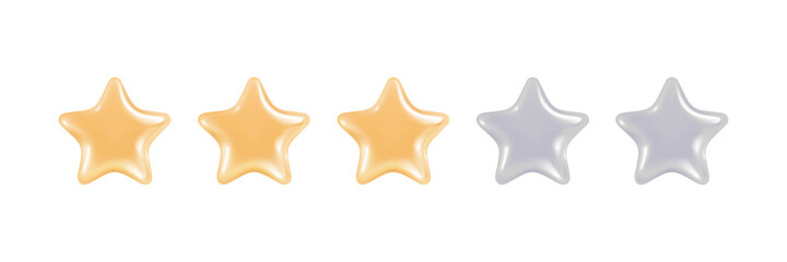 Five volumetric stars. Three gold and two silver glittering stars as a score. Customer rating feedback. Realistic 3d design of the object. Vector illustration isolated on white background