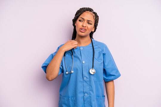 Black Afro Woman Feeling Stressed, Anxious, Tired And Frustrated. Nurse Concept