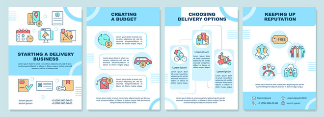Starting delivery company brochure template. Shipment service. Booklet print design with linear icons. Vector layouts for presentation, annual reports, ads. Arial-Black, Myriad Pro-Regular fonts used