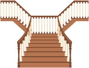 Fototapeta Stairs classical icon with banisters fence. Ladder, wooden staircase with handrail isolated on white background. Ladder with steps, balusters and handrails. Staircase to second floor made of wood obraz