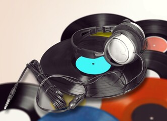 Stack of old vinyl records. Retro music recording.