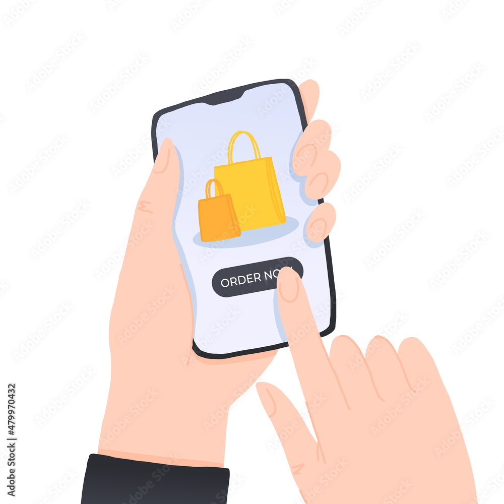 Poster hands holding smartphone with order now button on the screen. e-commerce flat design concept. using 