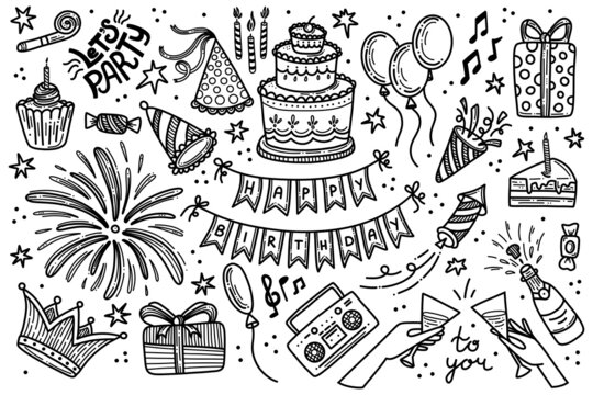 Party birthday doodle vector set. Happy birthday celebration hand drawn clipart big collection. Anniversary decoration objects