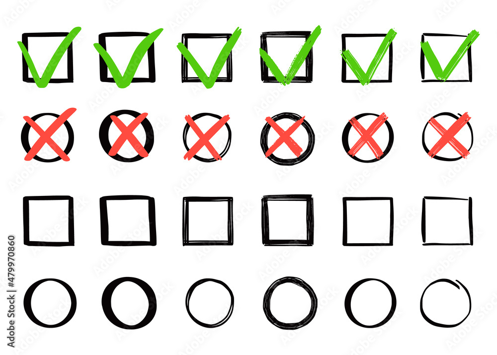 Poster Green check and red cross mark set. Hand drawn doodle sketch style. Vote, yes, no drawn concept. Checkbox, cross mark with square, circle element. Vector illustration.