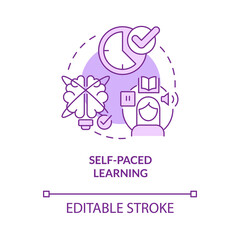 Self paced learning purple concept icon. Own time and schedule. Elearning abstract idea thin line illustration. Isolated outline drawing. Editable stroke. Roboto-Medium, Myriad Pro-Bold fonts used