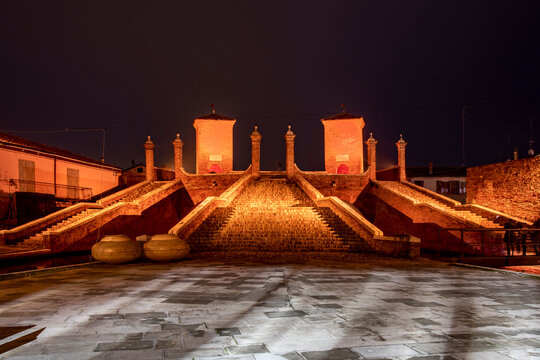 View of the Tre Ponti bridge, Comacchio, Italy