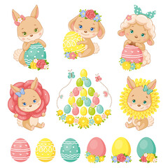 Easter set with bunnies, sheep and eggs. Cartoon vector illustration