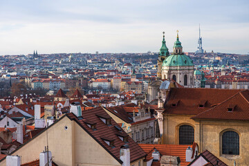 Naklejka na ściany i meble Rooftop view over historical center of Prague, Czech republic, Prague Castle. Romantic travel destination. Vintage filter of image.