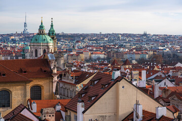 Fototapeta na wymiar Rooftop view over historical center of Prague, Czech republic, Prague Castle. Romantic travel destination. Vintage filter of image.