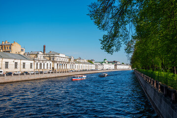 River channel in St.Petersburg. St.Petersburg panorama with canals, historic buildings and beautiful architecture. Russia. Spring time. Travel inspiration.